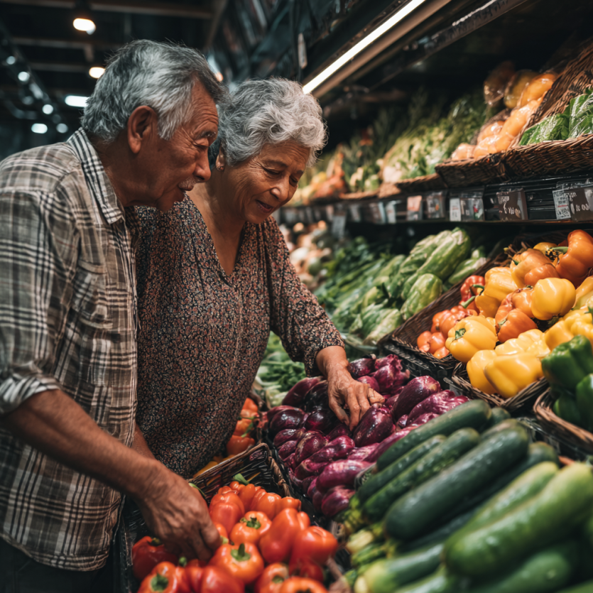Adultos mayores disfrutando comida saludable
